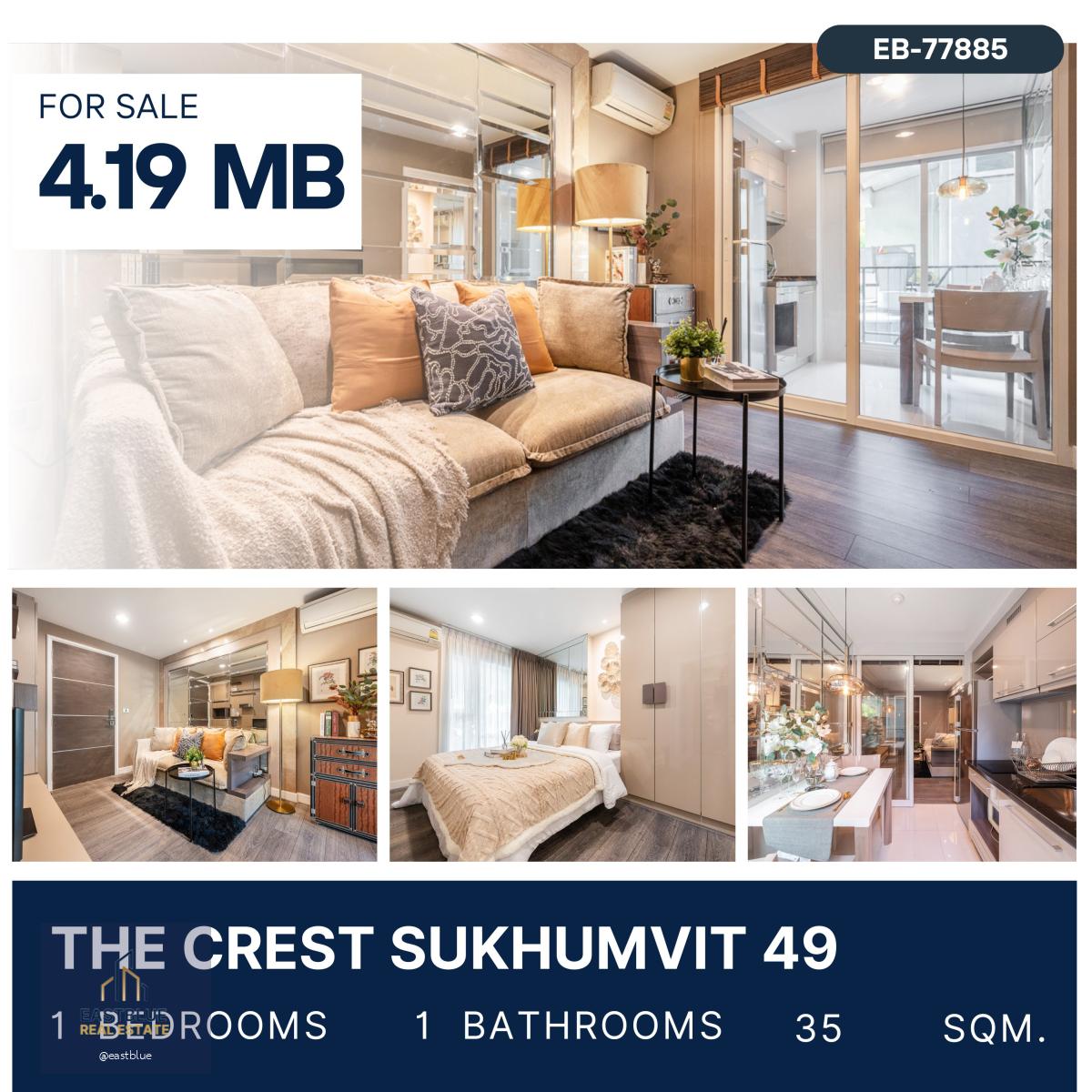 ขาย The Crest Sukhumvit 49 ห้องแต่งสวย ห้องราคาดีที่สุดในโครงการ ใกล้บีทีเอสทองหล่อ พร้อมเข้าอยู่ 4.19 ล้านบาท