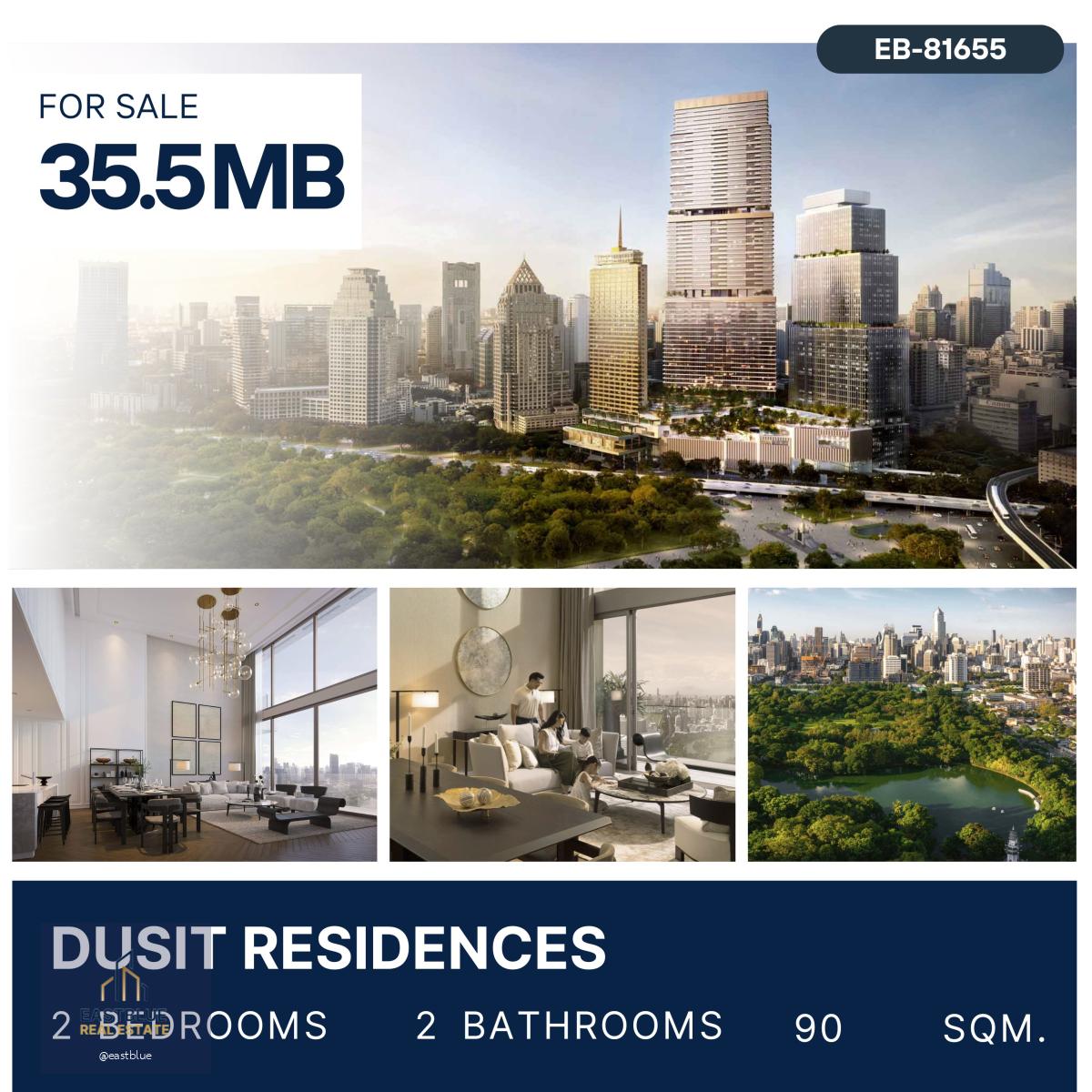 ขายดาวน์ Dusit Residences Luxury Condo ราคาดีที่สุด ชั้นสูงวิวสวนลุม (Leasehold) 2 ห้องนอน 90 ตรม ชั้นสูง 20+ 35.5 ล้านบาท